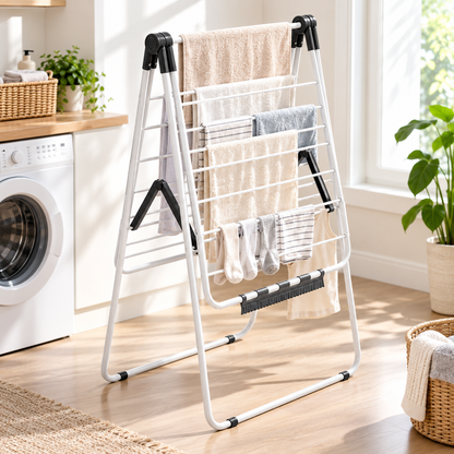 Adjustable Clothes Drying Rack, 2-Tier with 21 Hanging Rods, 22 lbs Capacity, Foldable, Sock Clips, for Laundry Room Balcony