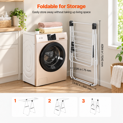 Adjustable Clothes Drying Rack, 2-Tier with 21 Hanging Rods, 22 lbs Capacity, Foldable, Sock Clips, for Laundry Room Balcony