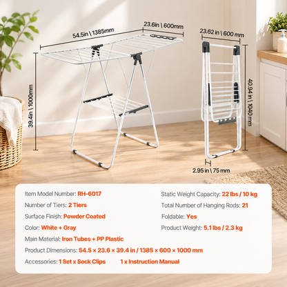 Adjustable Clothes Drying Rack, 2-Tier with 21 Hanging Rods, 22 lbs Capacity, Foldable, Sock Clips, for Laundry Room Balcony