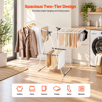 Adjustable Clothes Drying Rack, 2-Tier with 21 Hanging Rods, 22 lbs Capacity, Foldable, Sock Clips, for Laundry Room Balcony
