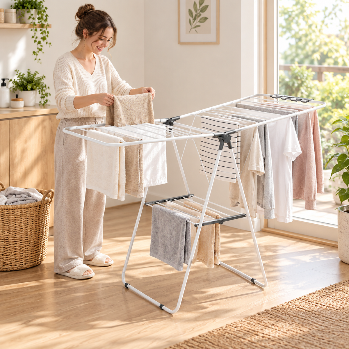 Adjustable Clothes Drying Rack, 2-Tier with 21 Hanging Rods, 22 lbs Capacity, Foldable, Sock Clips, for Laundry Room Balcony