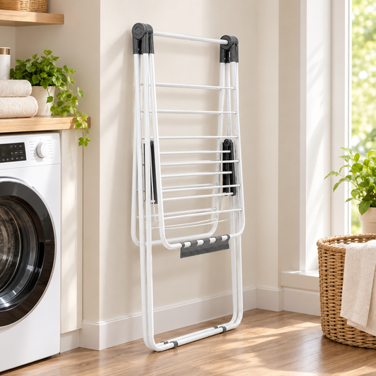 Adjustable Clothes Drying Rack, 2-Tier with 21 Hanging Rods, 22 lbs Capacity, Foldable, Sock Clips, for Laundry Room Balcony