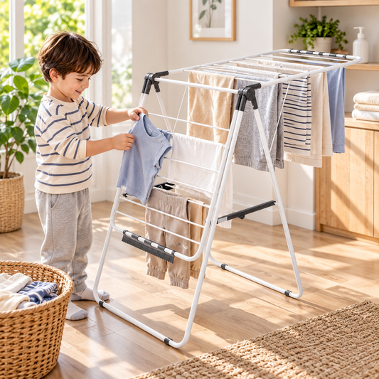 Adjustable Clothes Drying Rack, 2-Tier with 21 Hanging Rods, 22 lbs Capacity, Foldable, Sock Clips, for Laundry Room Balcony